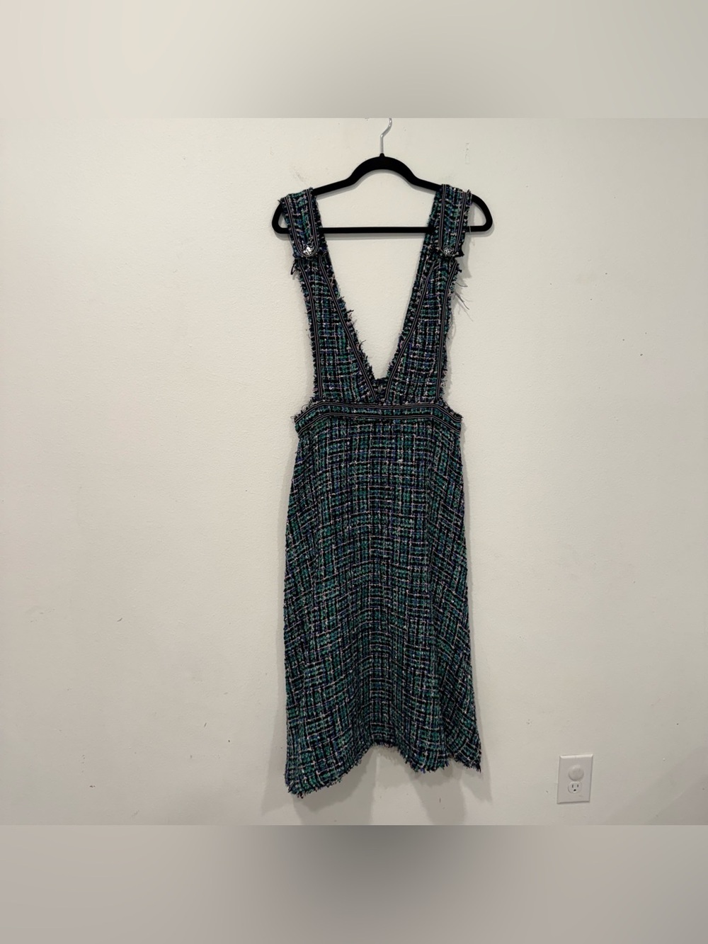 Zara Green Tweed Deep V Plunge Overall Midi Dress S - Picture 2 of 7